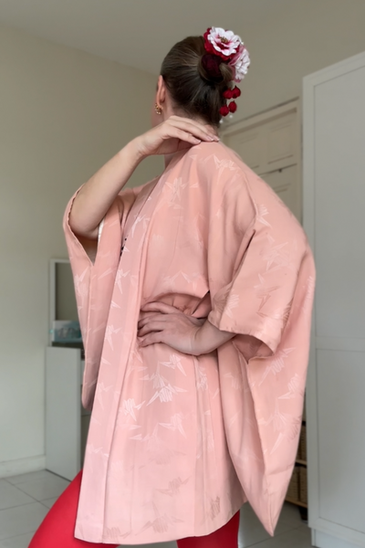 Silk Vintage Hahori Винтажное хаори из шелка с набивным рисунком бумажные журавлики
