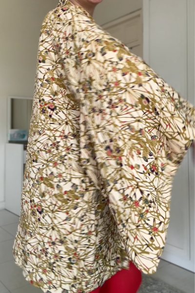Silk Vintage Hahori Винтажное хаори из крепдышина в зеленом цвете с растительным орнаментом