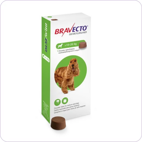 MSD Animal Health Bravecto 400 mg Fluralaner Chewable Tablets for Dogs (10-20 kg) 1 Chewable Tablet Жевательная таблетка Бравекто с флураланером 400 мг. для защиты собак от клещей и блох (для собак весом 10-20 кг) 1 шт.