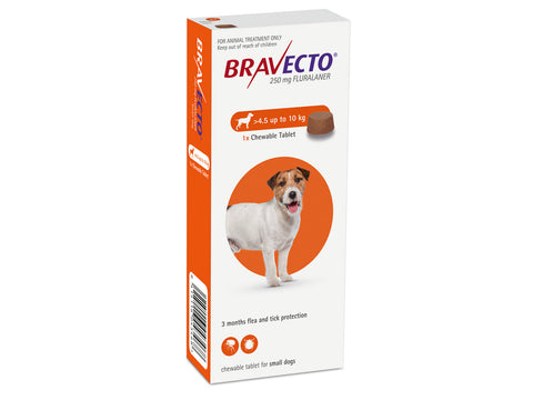 MSD Animal Health Bravecto 250 mg Fluralaner Chewable Tablets for Small Dogs 1 Chewable Tablet Жевательная таблетка Бравекто с флураланером 250 мг. для защиты собак от клещей и блох (для маленьких собак весом 4.5-10 кг) 1 шт.