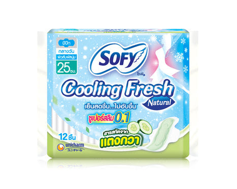 Sofy Cooling Fresh Natural Sanitary Napkins Super Slim 0.1 Wing 25 cm. 12 pcs., Ультратонкие прокладки с охлаждающим эффектом и экстрактом огурца 25 см, 12 шт.