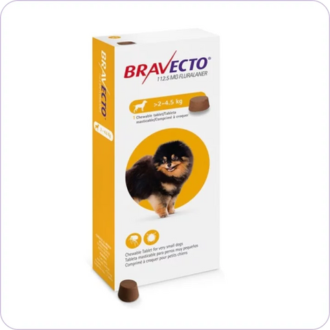 MSD Animal Health Bravecto 112,5 mg Fluralaner Chewable Tablets for Small Dogs (2-4,5 kg) 1 Chewable Tablet Жевательная таблетка Бравекто с флураланером 112,5 мг. для защиты собак от клещей и блох (для маленьких собак весом 2-4.5 кг) 1 шт.