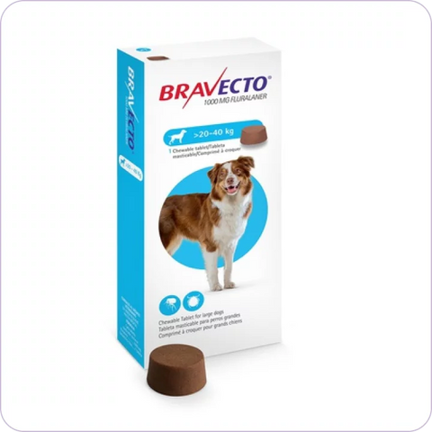 MSD Animal Health Bravecto 1000 mg Fluralaner Chewable Tablets for Dogs (20-40 kg) 1 Chewable Tablet Жевательная таблетка Бравекто с флураланером 1000 мг. для защиты собак от клещей и блох (для собак весом 20-40 кг) 1 шт.