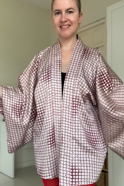 Silk Vintage Hahori Винтажное хаори из крепдышина с орнаментом клеточка