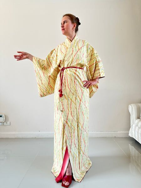 Silk Vintage Kimono (crepe de chine), Винтажное кимоно из шелка (крепдешин) в желтом цвете "Бамбуковый лес"