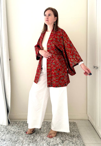 Silk Vintage Hahori Винтажное хаори из хлопка в темно-оранжевом цвете традиционным рисунком