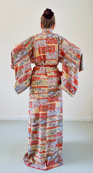 Silk Vintage Kimono (crepe de chine), Винтажное кимоно из шелка (крепдешин) с геометрическим рисунком
