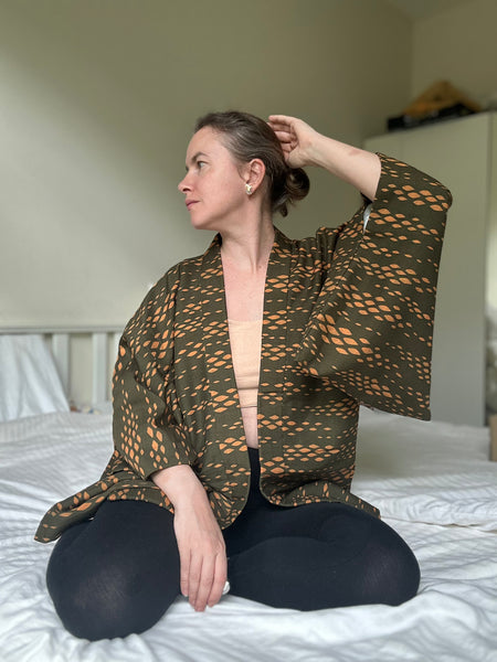 Silk Vintage Hahori Винтажное хаори из крепдышина в темно-оливковом цвете