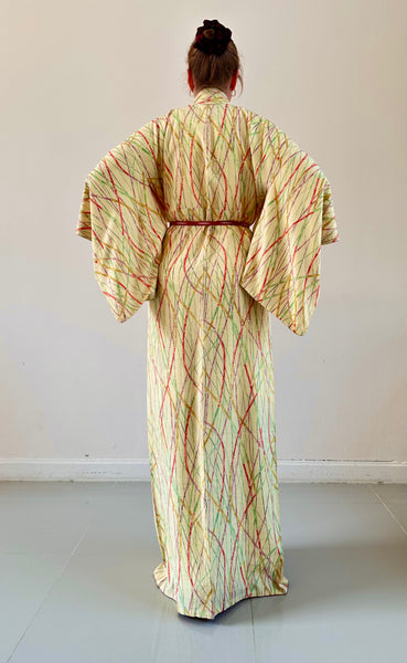 Silk Vintage Kimono (crepe de chine), Винтажное кимоно из шелка (крепдешин) в желтом цвете "Бамбуковый лес"