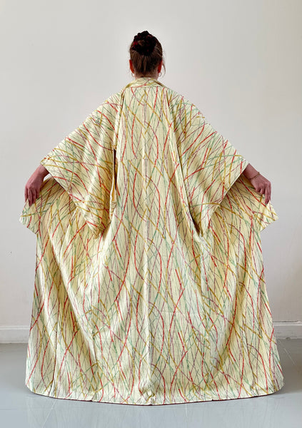 Silk Vintage Kimono (crepe de chine), Винтажное кимоно из шелка (крепдешин) в желтом цвете "Бамбуковый лес"