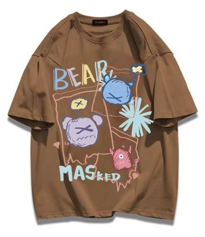 T-Shirt Vintage Pure Cotton Cartoon Anime Printed Футболка из чистого хлопка с мультяшным принтом "Медведь в маске"