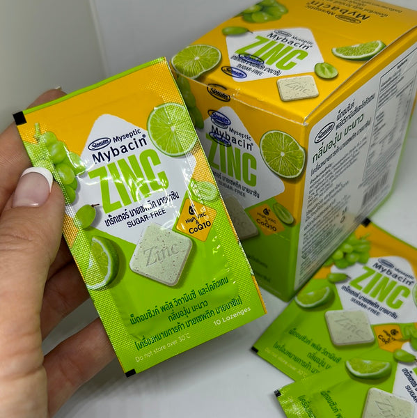 Greater Pharma Mybacin Zinc Plus Vitamin C and CoQ10 Grape Lemon Flavor Lozenge Set 10*20 pcs., Пастилки от кашля и боли в горле "Цинк + витамин С и коэнзим Q10" со вкусом винограда и лайма 10 пастилок * 20 шт.