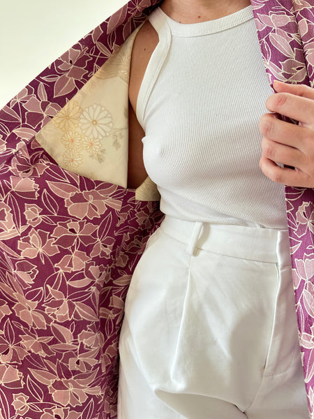 Silk Vintage Hahori Винтажное хаори из шелка в лиловом цвете с набивным абстрактным рисунком