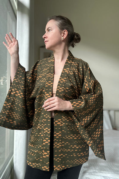 Silk Vintage Hahori Винтажное хаори из крепдышина в темно-оливковом цвете