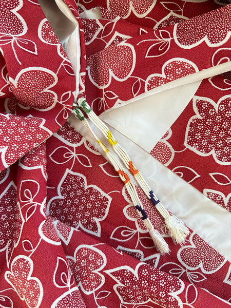 Silk Vintage Hahori Винтажное хаори из шелка в алом цвете с набивным цветочным рисунком