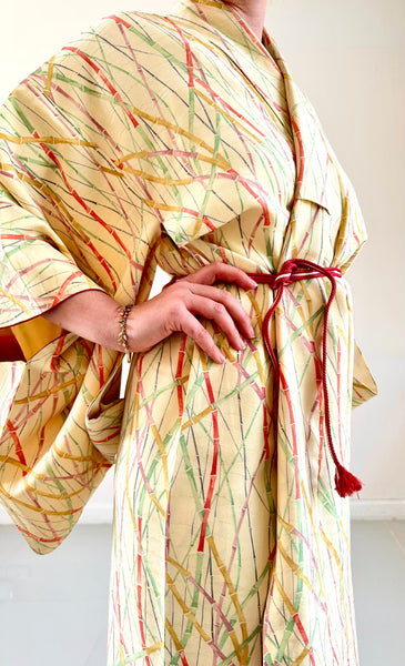 Silk Vintage Kimono (crepe de chine), Винтажное кимоно из шелка (крепдешин) в желтом цвете "Бамбуковый лес"