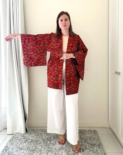 Silk Vintage Hahori Винтажное хаори из хлопка в темно-оранжевом цвете традиционным рисунком