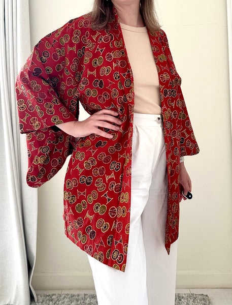 Silk Vintage Hahori Винтажное хаори из хлопка в темно-оранжевом цвете традиционным рисунком