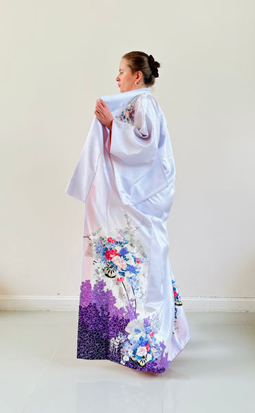 Silk Vintage Kimono (crepe de chine), Винтажное кимоно из шелка (крепдешин) "Сиренивый туман"