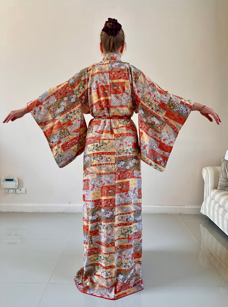 Silk Vintage Kimono (crepe de chine), Винтажное кимоно из шелка (крепдешин) с геометрическим рисунком
