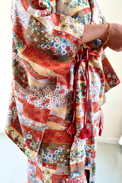 Silk Vintage Kimono (crepe de chine), Винтажное кимоно из шелка (крепдешин) с геометрическим рисунком