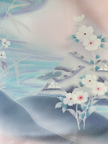 Silk Vintage Kimono (crepe de chine), Винтажное кимоно из шелка (крепдешин) в нежно-розовом цвете с рисунком