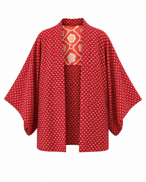 Silk Vintage Hahori Винтажное хаори из крепдышина в алом цвете с графическим рисунком "журавлики"