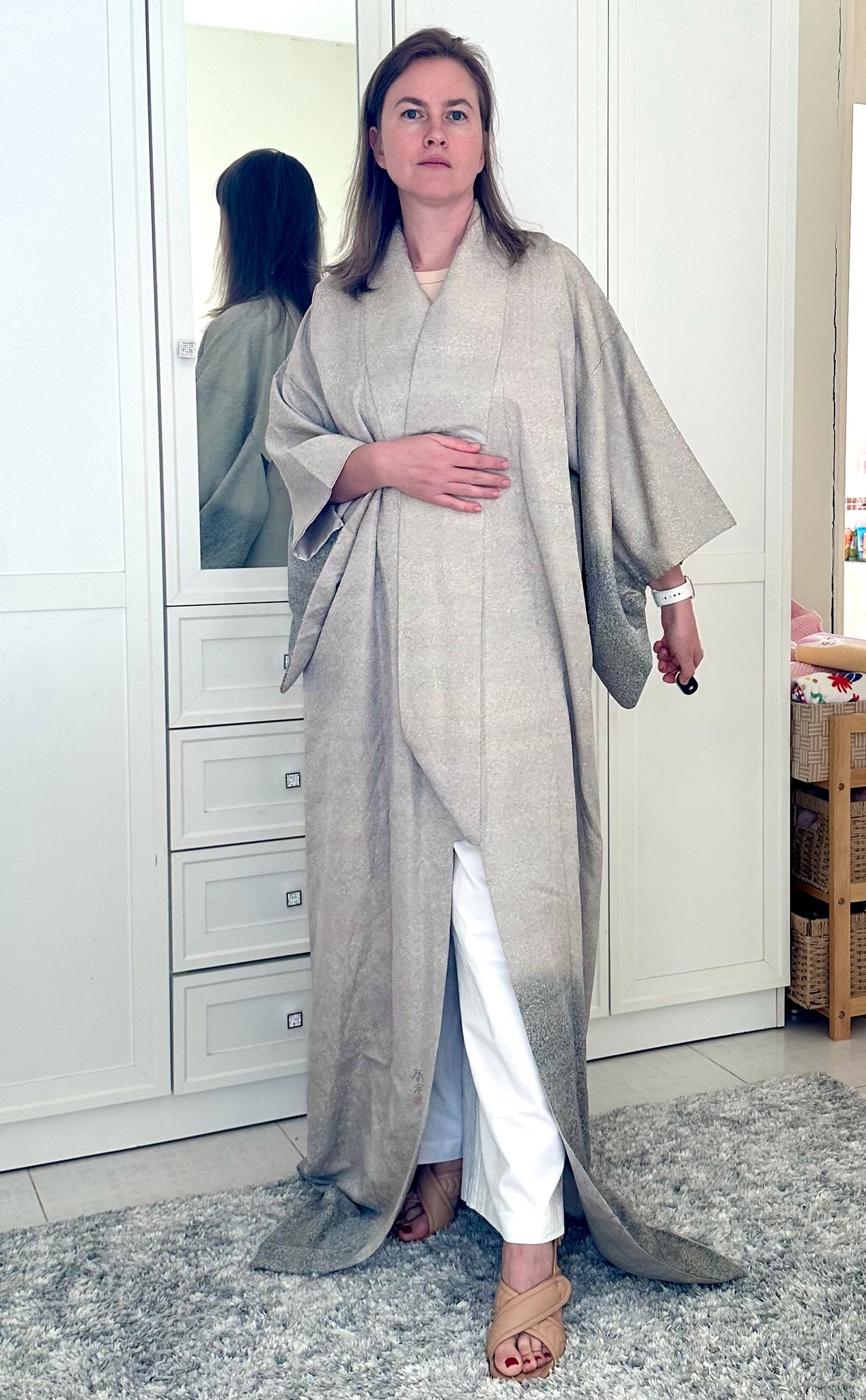 Silk Vintage Kimono Винтажное кимоно из шелка в сером цвете из фактурной ткани "серебряный туман"