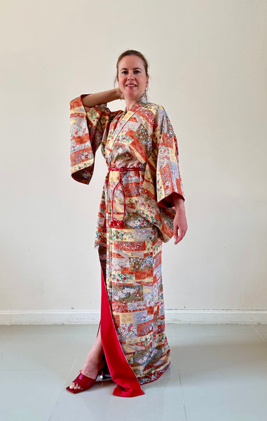 Silk Vintage Kimono (crepe de chine), Винтажное кимоно из шелка (крепдешин) с геометрическим рисунком
