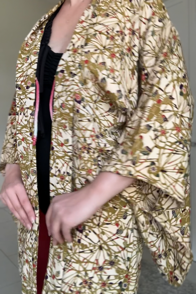 Silk Vintage Hahori Винтажное хаори из крепдышина в зеленом цвете с растительным орнаментом