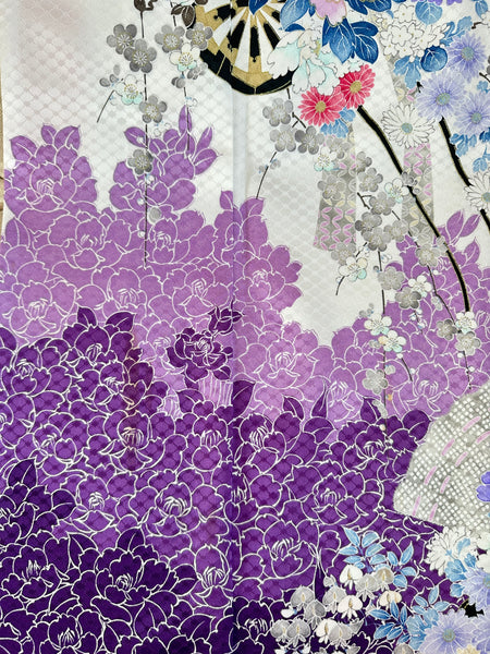 Silk Vintage Kimono (crepe de chine), Винтажное кимоно из шелка (крепдешин) "Сиренивый туман"