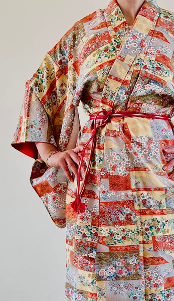 Silk Vintage Kimono (crepe de chine), Винтажное кимоно из шелка (крепдешин) с геометрическим рисунком