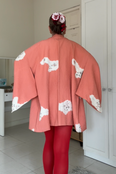 Silk Vintage Hahori Винтажное хаори из крепдышина фактурная ткань в персиковом цвете