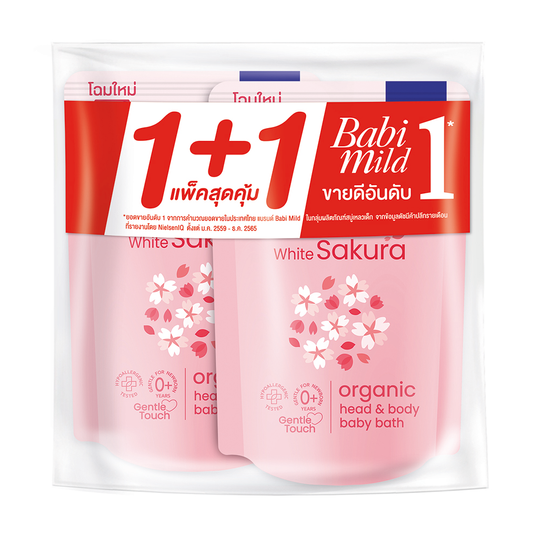 Babi Mild Ultra Mild White Sakura Head & Body Baby Bath Refill 350 ml., Ультрамягкое очищающее средство "Белая сакура" для купания детей с головы до пят 350 мл.
