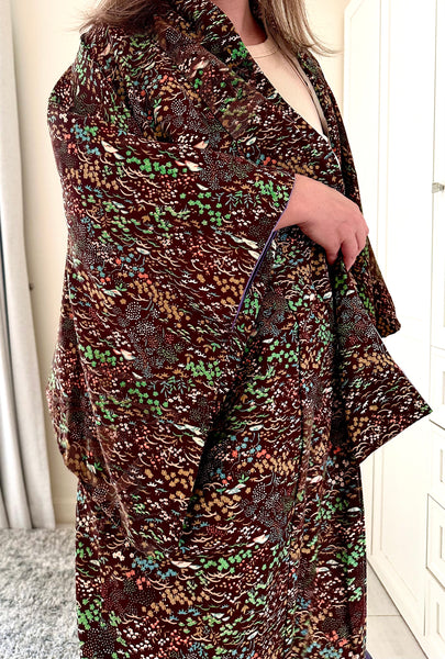 Silk Vintage Kimono Винтажное кимоно из шелка в коричневом цвете с мелким рисунком "лесные травы"