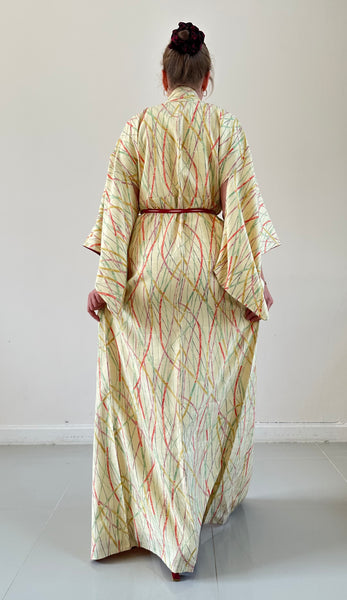 Silk Vintage Kimono (crepe de chine), Винтажное кимоно из шелка (крепдешин) в желтом цвете "Бамбуковый лес"