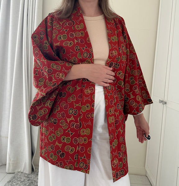 Silk Vintage Hahori Винтажное хаори из хлопка в темно-оранжевом цвете традиционным рисунком