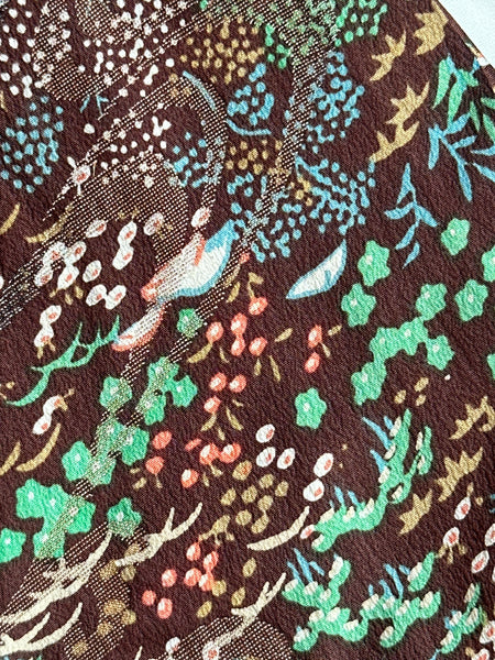 Silk Vintage Kimono Винтажное кимоно из шелка в коричневом цвете с мелким рисунком "лесные травы"