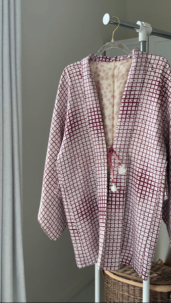 Silk Vintage Hahori Винтажное хаори из крепдышина с орнаментом клеточка
