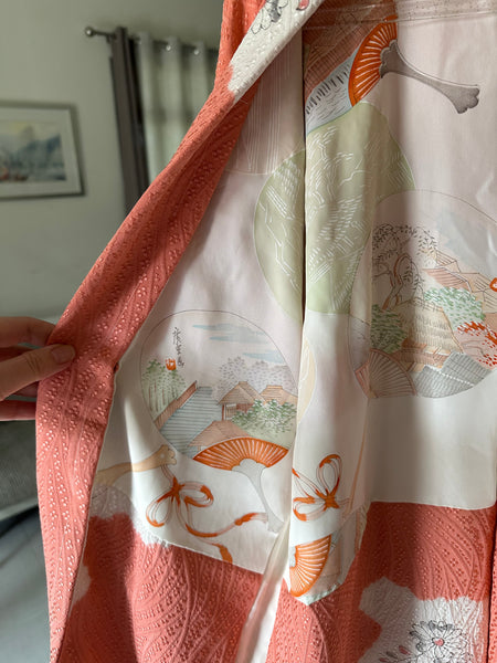Silk Vintage Hahori Винтажное хаори из крепдышина фактурная ткань в персиковом цвете