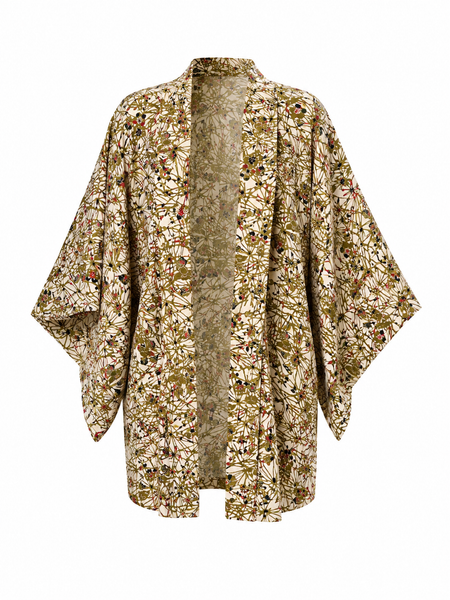 Silk Vintage Hahori Винтажное хаори из крепдышина в зеленом цвете с растительным орнаментом
