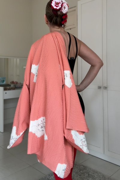 Silk Vintage Hahori Винтажное хаори из крепдышина фактурная ткань в персиковом цвете