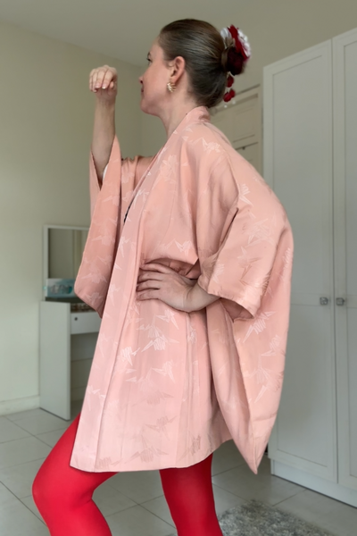 Silk Vintage Hahori Винтажное хаори из шелка с набивным рисунком бумажные журавлики