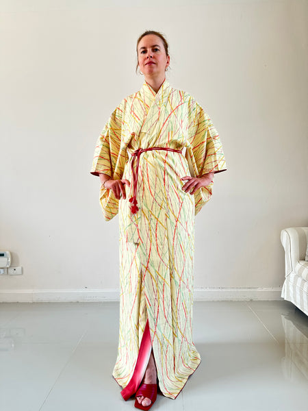 Silk Vintage Kimono (crepe de chine), Винтажное кимоно из шелка (крепдешин) в желтом цвете "Бамбуковый лес"