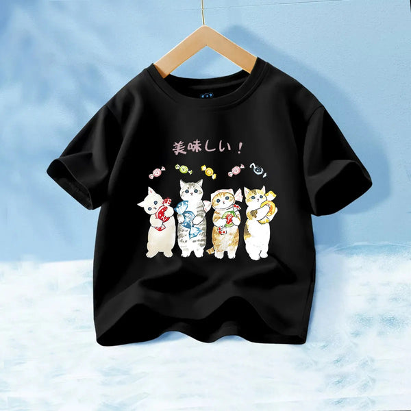 Fashion T-Shirt to Kids Pure Cotton Cartoon Anime Printed Cat Детская футболка из чистого хлопка с мультяшным принтом "Котики"