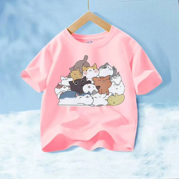 Fashion T-Shirt to Kids Pure Cotton Cartoon Anime Printed Cat Детская футболка из чистого хлопка с мультяшным принтом "Котики"