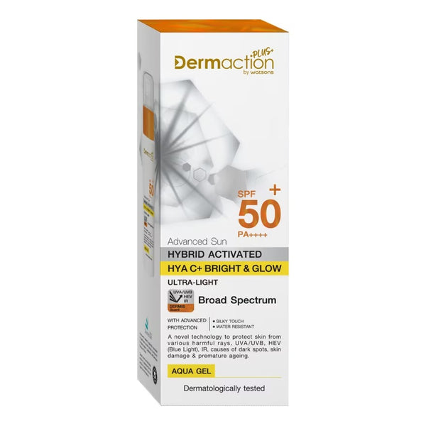 Watsons Dermaction Plus Advanced Sun Hybrid Activated Hya C+ Bright & Glow Aqua Gel SPF50+ PA++++ 40 ml., Солнцезащитный гель с витамином С и гиалуроновой кислотой SPF50+ PA++++ 40 мл.