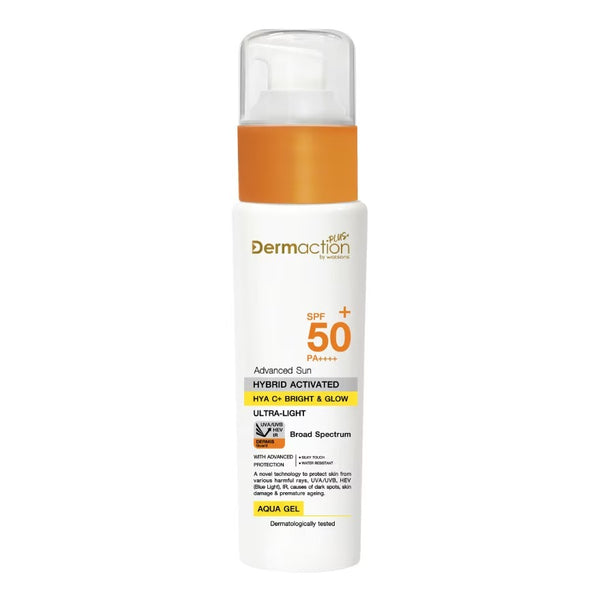 Watsons Dermaction Plus Advanced Sun Hybrid Activated Hya C+ Bright & Glow Aqua Gel SPF50+ PA++++ 40 ml., Солнцезащитный гель с витамином С и гиалуроновой кислотой SPF50+ PA++++ 40 мл.