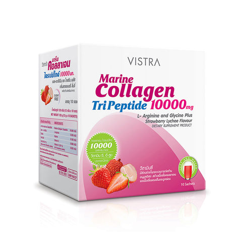 VISTRA Marine Collagen TriPeptide 10000 mg. Strawberry & Lychee Flavour 10 Sachets*12 g., Питьевой коллаген трипептид 10000 мг. с ароматом клубники и личи 10 саше*12 гр.