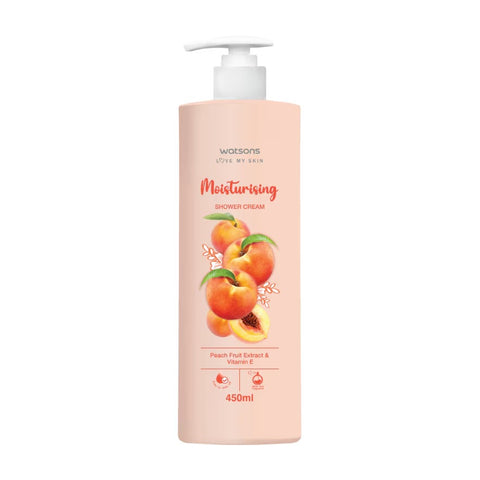 Watsons Love My Skin Moisturising Shower Cream Peach Fruit Extract & Vitamin E 450 ml., Увлажняющий крем для душа с экстрактом плодов персика и витамином Е 450 мл.
